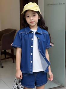 2 Stück/Set Mädchen Lässig Chic College Stil Blau Gewaschen Denim Baumwolle Kurzarm Top und Shorts Set - Blau - Übersicht 1