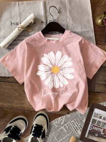 4pcs Casual Minimalist Floral Round Neck Short Sleeve Basic T-Shirts, Suitable For Spring/Summer, Daisy Girl, Pastel Floral Nature Sets, Garden Lover Gift, Young Girl, School, Campus, College