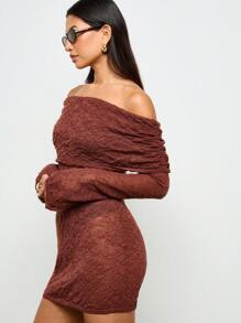 AiiRZ Vestido de punto con hombros descubiertos, vestido de suéter de manga larga para invierno y otoño, vestido mini fruncido elegante para fiestas y eventos, vestimenta elegante de noche de punto cómoda - Café integral - Ver 4