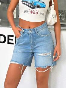 SHEIN Shorts de mezclilla con lavado desgarrado, de talle bajo y bolsillos sesgados