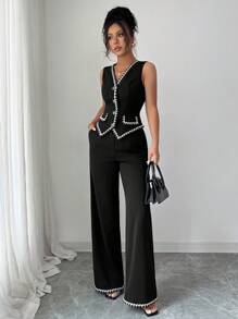 Elenzga Women's V-Neck Vintage European-Style Exquisite Button Sleeveless Business Work Office Pocket Flap Contrast Color Trim Knit Woven Small Multicolor Trim Edge Commuter Vest Retro Pocket Hem Contrast Color Trim Vintage Black Exquisite Elegant Commuter Casual Office Suit Two Pieces - Multicolor - View 3