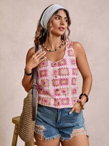 Freevana Plus Size Contrast Color Grandma Plaid Pattern Round Neck Sleeveless Single-Breasted Casual Summer Tank Top Summer - Multicolor - View 4