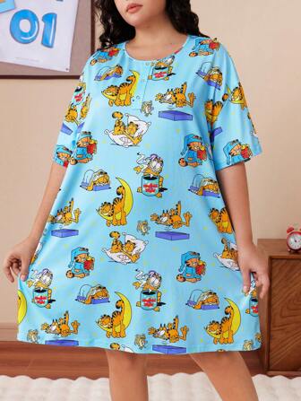 GARFIELD | SHEIN Plus Size Tecknat Mönster Blå Rund Hals Nedsänkt Axel Oversize Sovklänning Tecknad Pyjamas Nattlinne Pyjamas Nattklänning Kort Nattlinne Kawaii Sovklänning Söt, Moo Moo Nattklänning
