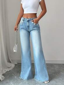 Elenzga Quần Jeans Denim Đơn Giản Thường Ngày Màu Sáng Cho Nữ - Màu xanh lam - Xem 3