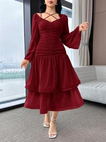 Feyla Vestido midi elegante de unicolor para mujer con diseño cruzado, manga de campana y volante en el bajo - Burdeos - Ver 4