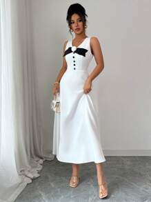 Elenzga Rochie de seară elegantă pentru femei cu fundă, rochie fără mâneci cu decolteu în V, rochie formală de lux - alb - Vizualizare 6