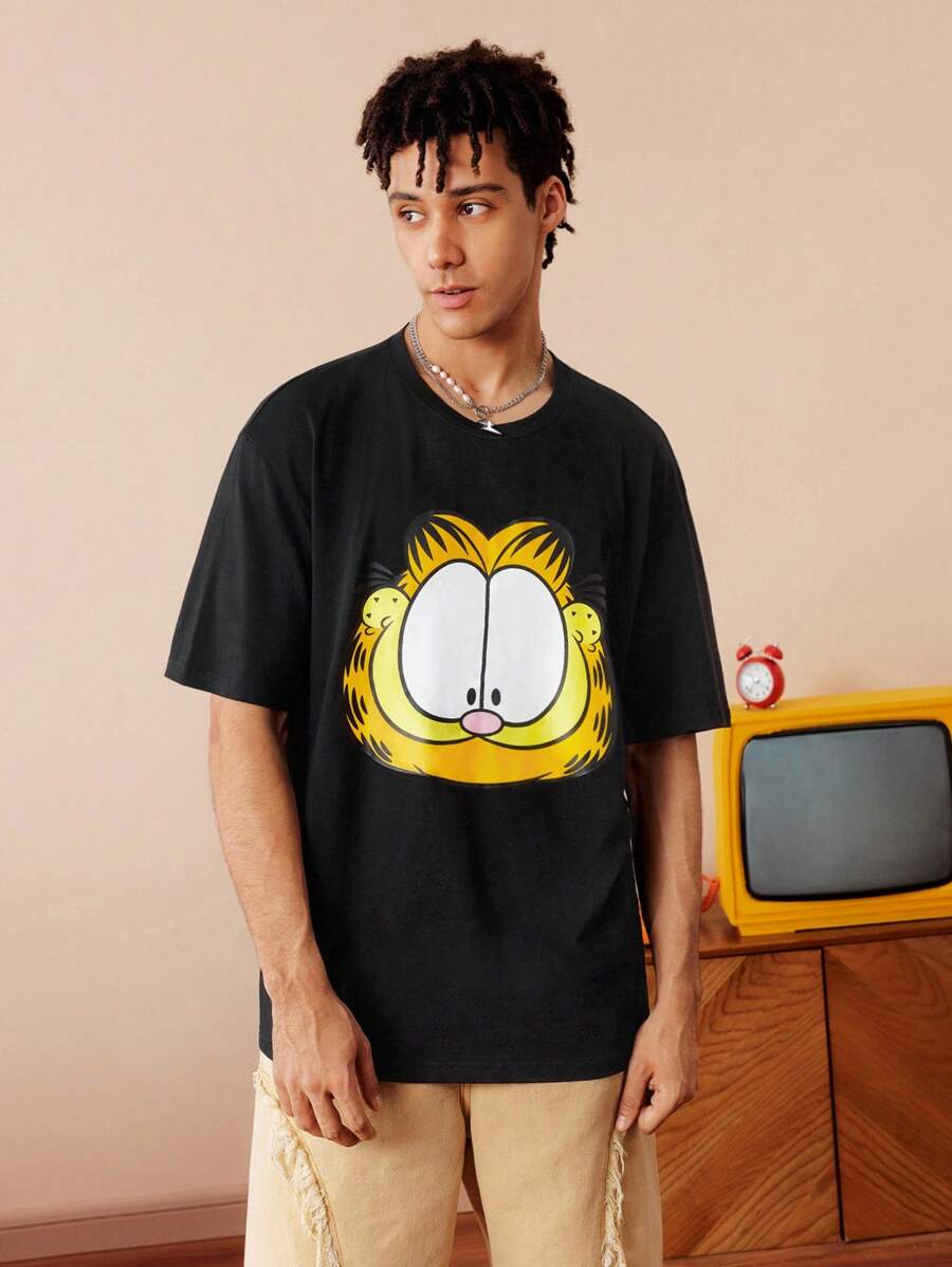 GARFIELD | SHEIN Áo thun nam họa tiết mèo hoạt hình dáng rộng rãi phong cách Mỹ màu đen, trở lại trường - màu đen - Xem 1