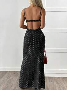 SHEIN EZwear Váy không tay in chấm bi đen cho nữ - Đen và trắng - Xem 2