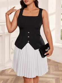 Bellastra Square Neck Simple Sleeveless Pleated Patchwork Dress - Black and White - View 5