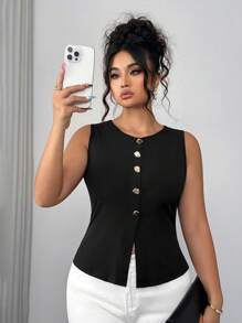 Elenzga Plus Size Summer Casual Solid Color Ribbed Tank Top With Metal Buckle