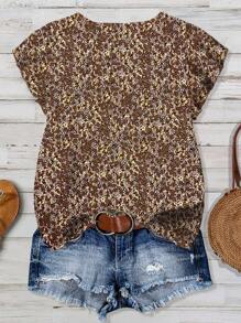 Linhara Blusa casual da donna taglie forti con stampa floreale, collo rotondo e maniche a volant - Castano - Visualizzare 2