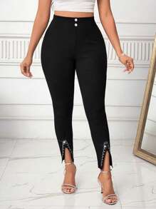 SHEIN Lady Modische elegante Leggings mit Strass-Dekor und Schlitz-Saum