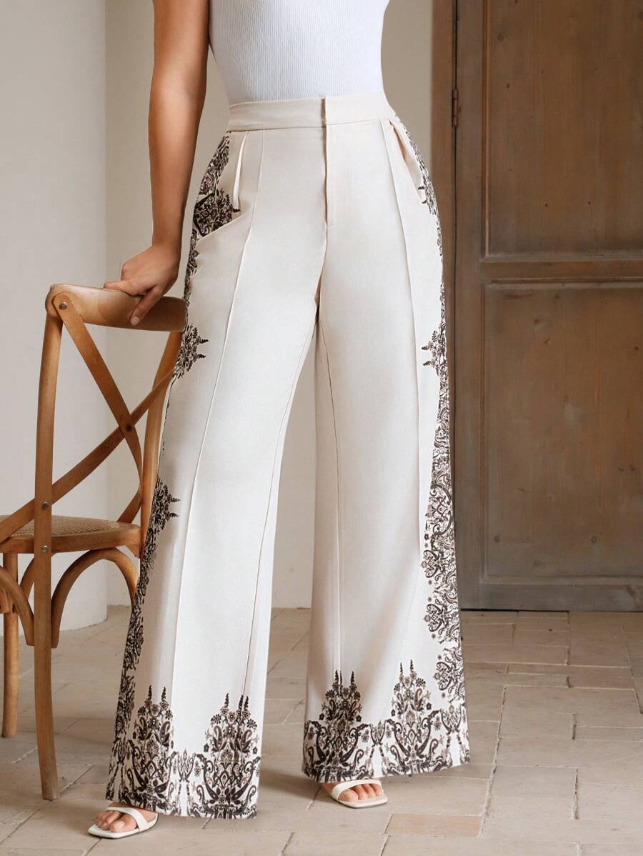 Anewsta Plus Size Women Elegant High-Rise Straight Printed Long Suit Pants - Apricot - View 1