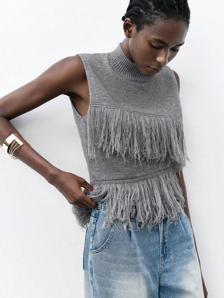 SHEIN Maija Women's Fashion Gray Solid Color Sleeveless Knit Tassel Asymmetric Hem Business Casual Top, Suitable For Outings, Parties, Holidays