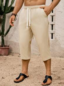 Palmeraft Men's Casual Summer Solid Color Simple Pure Cotton Twill Capri Pants Cream Shorts Men Men Cotton Shorts - Khaki - View 4