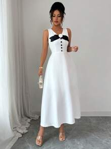 Elenzga Rochie de seară elegantă pentru femei cu fundă, rochie fără mâneci cu decolteu în V, rochie formală de lux - alb - Vizualizare 4