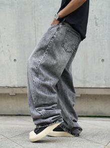 Manfinity EMRG Men's Loose Fit Straight Leg Jeans With Pockets, Casual - Light Grey - View 4