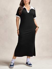 Zelara 加大码女式七月四日 V 领 Polo 衫针织紧身沙滩长裙 女士沙滩装 夏季彩虹裙 女士教师装 女士夏季装 夏季波西米亚风复古连衣裙 - 黑與白 - 查看 5