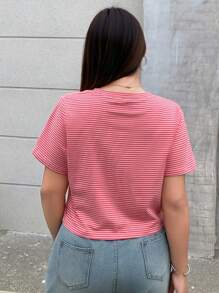 Dazy Plus Camiseta de verano holgada de cuello redondo y manga corta a rayas, talla grande, ropa de vuelta al colegio