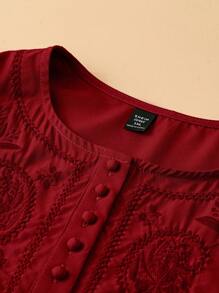 Plus Size Women 3/4 Sleeve V-Neck Half Front Button Down Embroidery Collar Woven Shirt - Red - View 3