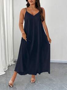 Celure Robe longue femme grande taille élégante de couleur unie à fines bretelles
