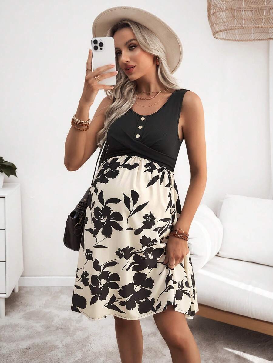 SHEIN 孕妇针织连衣裙，圆领上衣，前腰交叉纽扣设计，下装为数码印花梭织连衣裙 - 黑色 - 查看 1