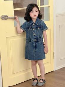 Dazy Kids Young Girl' Collared Short Sleeve Denim Dress, Fall - Blue - View 1