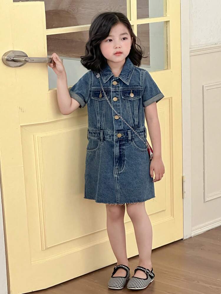 Young Girl' Collared Short Sleeve Denim Dress, Fall