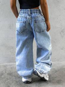 SHEIN Explorewe Nuovi jeans dritti in denim strappati e lavati di colore azzurro chiaro, stile casual, misura piccola per ragazze