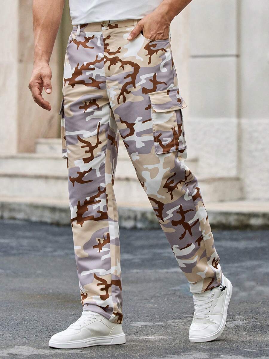 Manfinity VCAY Pantalones cargo casuales de camuflaje tejidos con bolsillos múltiples para hombre - Amarillo - Ver 1