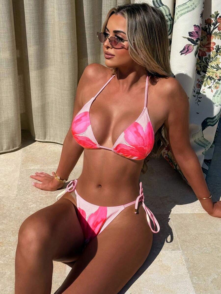 Swim SXY Beach Summer Outfits For Women,Multi-Color Special Fabric Placement Floral Print Sexy Tied Front Halter Triangle Top & Bottoms Bikini Swimsuit Set - Multicolor - View 1