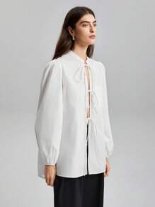 Ontre Áo cánh thanh lịch tay dài thắt nơ phía trước ngày lễ tình nhân màu trắng mới 2025 cho nữ mùa xuân - trắng - Xem 12