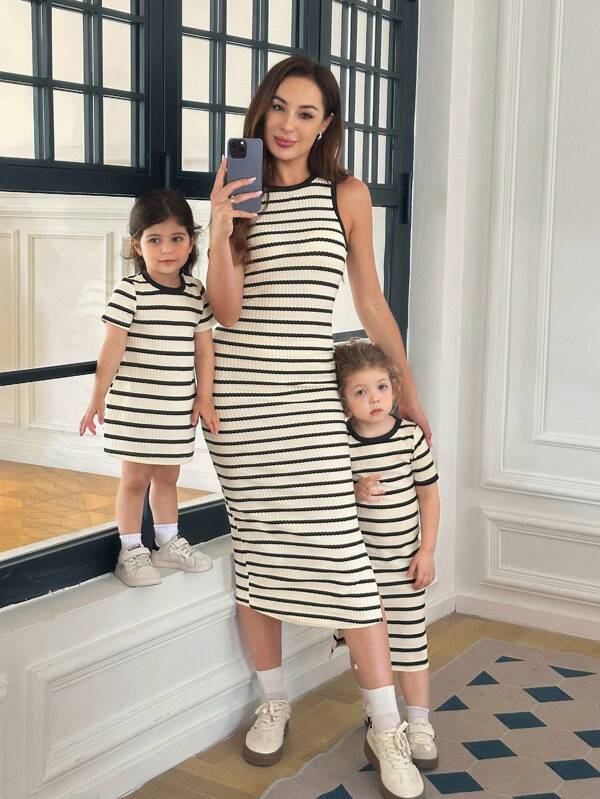 Mommy And Me Matching Striped Knit Round Neck Short Sleeve Snug Fit Dress, Suitable For Outings, Gatherings, Or Staying At Home (2 Sets Sold Separately)