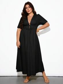 Maija 2025 Autumn Black Plus Size Women Dress, Solid Color Casual Elegant Deep V-Neck Puff Sleeve Cinched Waist A-Line Long Dress, With Bowknot & Ruffle Decor  Plus Size Black Dress Plus Size Vacation Dress Plus Size Casual Dress Plus Size Beach Dress Plus Size Maxi Dress - Black - View 1