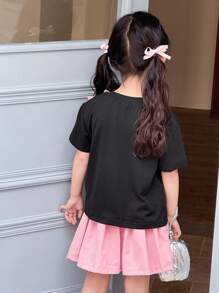 SHEIN 2pcs/Set Girl Summer Versatile Creative Bowknot Decor Round Neck T-Shirt + Pleated Skirt Outfit - Black - View 2