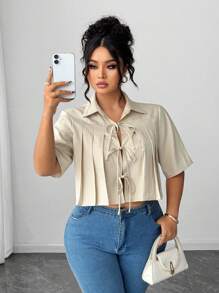 Elenzga 大码女式褶皱蝴蝶结前短款优雅衬衫系带衬衫短款衬衫女士短款衬衫时尚上衣 - 駝色 - 查看 4