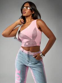 Missguided x Playboy Bunny Tank Top, grafisch bedruckt, kurzer Schnitt, Sommer Festival, mit Strass verziert, Party Clubbekleidung, ärmelloses, modisches Design