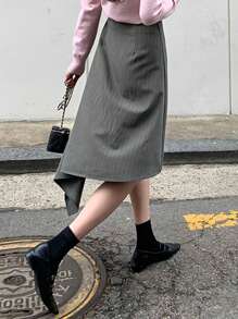 DAZY 1pc Women Striped Asymmetric Buttoned Asymmetrical Hem Skirt - Grey - View 2