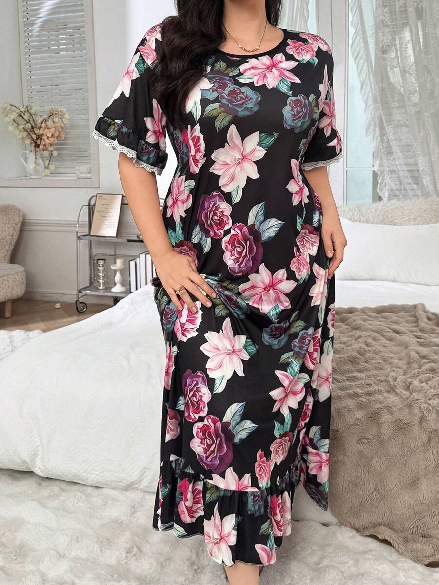 Plus Size Elegant Floral All-Over Print House Dress, Moo Moo Sleep Dress - Black - View 1