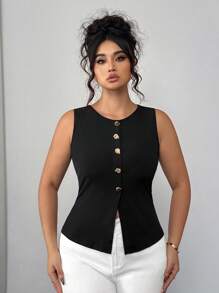 Elenzga Plus Size Summer Casual Solid Color Ribbed Tank Top With Metal Buckle