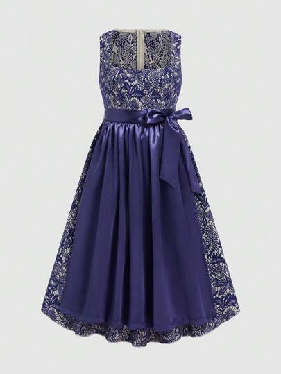 Fairmaia 加大码传统德国优雅复古花卉拼布女式 Dirndl 连衣裙，适合十月德国传统复古无袖女式连衣裙传统方领 Dirndl 连衣裙和围裙，适合十月、万圣节