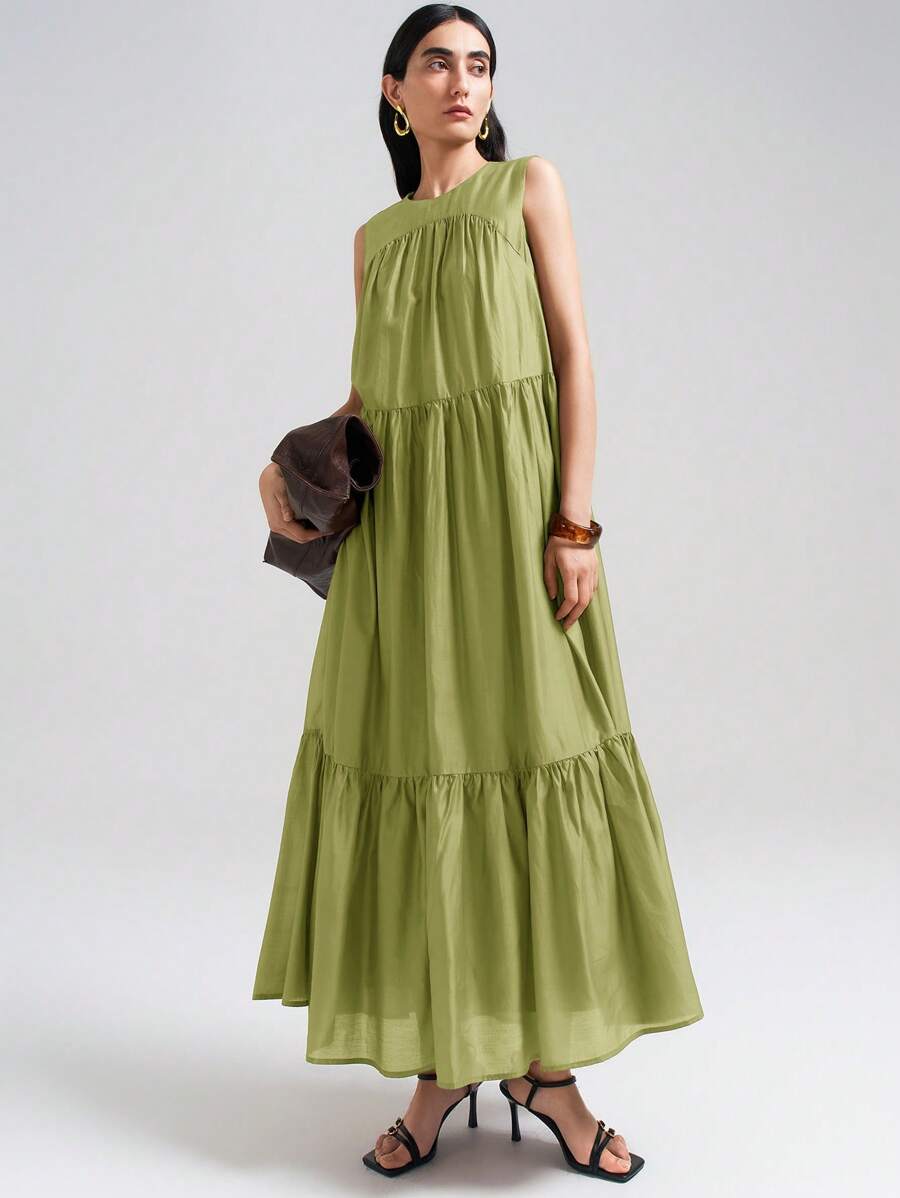 Ontre 2025 Women's Summer Extra Long Slit Ruffle V-Neck Sleeveless Maxi Dress, Fashionable Urban, Romantic Vacation, Island Resort, Party Outfit, Elegant, Loose & Comfortable, Flared Skirt, Business Casual Women Vacation Dress - Green - View 1