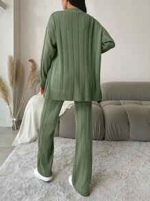 EURMUSE Của phụ nữ Đơn sắc Có nút Áo len Mở Áo len Và Quần , Bộ - Màu xanh Bạc hà - Xem 2