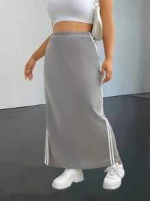 Flirla Falda de cintura elástica a rayas contrastantes, versátil y de moda, de talla grande - Gris - Ver 4
