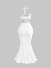 SHEIN MOD 女士杏色露背长款卡夫坦连衣裙，海滩度假装