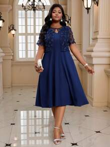SHEIN Lady Spring And Summer Woven Navy Blue Chiffon Round Neck Waist A-Line Dress With Mesh Embroidery Short Plus Size Jacket Plus Size Two Pieces Set Summer Outfits For Women Summer Dresses For Women Vacation Outfits Woman Beach Outfits For Woman Wedding Guest Dress Women Birthday Dresses For Women Cheetah Print Business Casual Woman Birthday Outfits For Women 4th Of July Women - Navy Blue - View 4