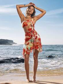 Opulessa Summer Beach Vacation Outfits Women's All-Over Print Hollow Out Ruffle Hem Sexy Sleeveless Mini Dress,Birthday Dresses For Women,Club Outfits Women Sexy