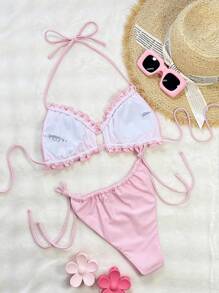 Bonvoyette Women's Solid Color Halterneck Spaghetti Strap Ruffled Edge Summer Bikini Tankini Swimwear - Pink - View 2