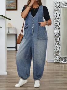 EMERY ROSE Plus Size Women Casual Street Style Flap Pocket Distressed Denim Jumpsuit