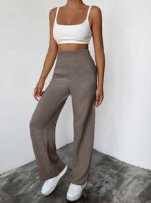 EURMUSE Women's Casual High Waisted Solid Color Simple Sweater Pants Set, Autumn/Winter - Mocha Brown - View 4